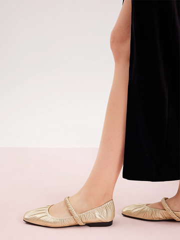 PAZZION, Vivianne Metallic Ruched Strap Flats, Gold